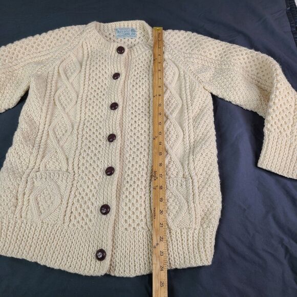 Vintage Irish Wool Hand Knit Womens S? Cable Fisherman Cardigan Ivory Ireland - Picture 4 of 10